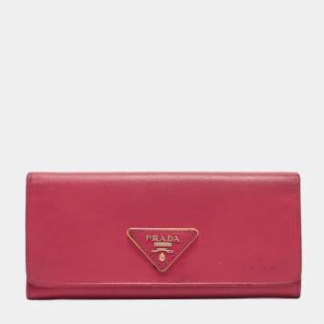 Pre Owned Prada Pink Saffiano Metal Leather Triangle Logo Flap Continental Wallet