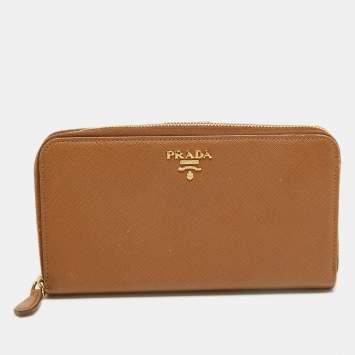 Pre Owned Prada Brown Saffiano Leather Zip Around Long Wallet