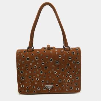 Pre Owned Prada Brown Suede Grommet Frame Satchel