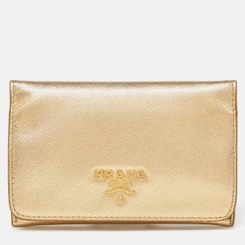 Pre Owned Prada Gold Saffiano Leather Business Card Case
