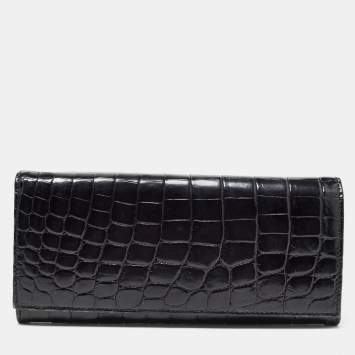 Pre Owned Prada Black Crocodile Flap Continental Wallet