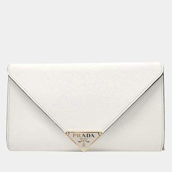 Pre Owned Prada White Saffiano Leather Chain Clutch Bag