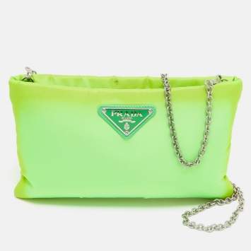 Pre Owned Prada Green Tessuto Nylon Logo Chain Clutch