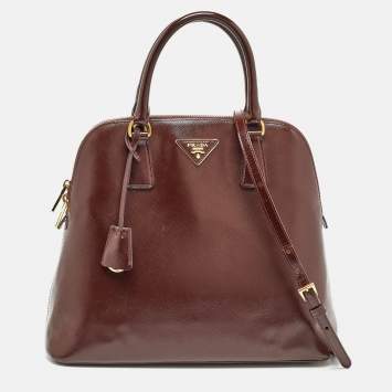 Pre Owned Prada Burgundy Saffiano Patent Leather Medium Promenade Satchel