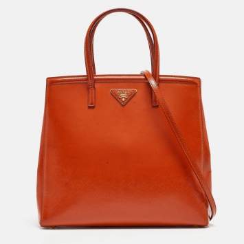 Pre Owned Prada Orange Saffiano Vernice Leather Parabole Tote