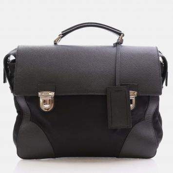 Pre Owned Prada Black Saffiano Trimmed Small Tessuto Flap-Top Briefcase