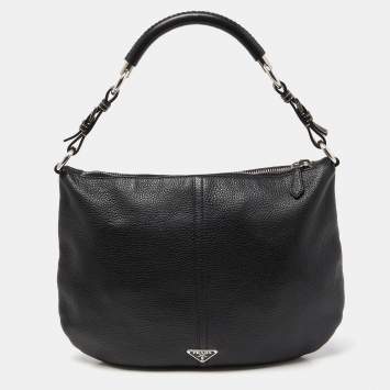 Pre Owned Prada Black Leather Logo Hobo