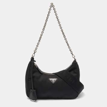 Pre Owned Prada Black Nylon and Leathre Re-Edition 2005 Baguette Bag