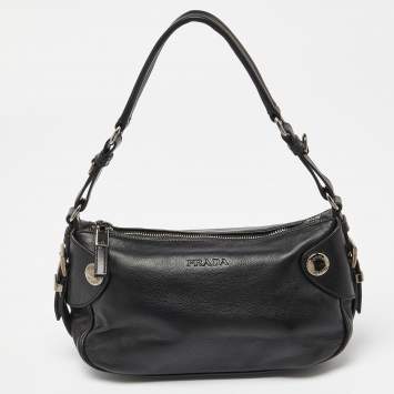 Pre Owned Prada Black Leather Zip Shoulder Bag