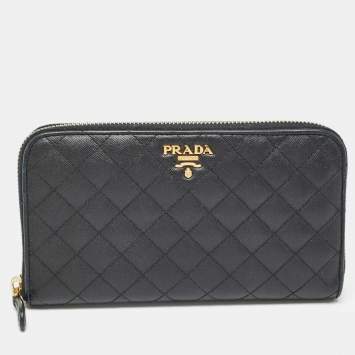 Pre Owned Prada Black Quilted Saffiano Leather Zip Around Wallet
