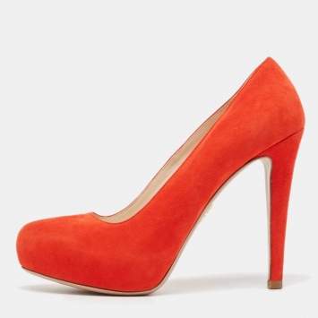 Pre Owned Prada Orange Suede Platform Pumps Size 36.5
