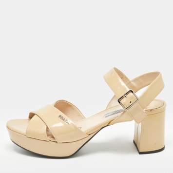 Pre Owned Prada Beige Patent Leather Platform Ankle Strap Sandals Size 38.5