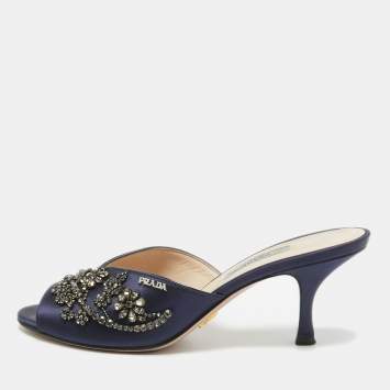 Pre Owned Prada Navy Blue Satin Crystal Embellished Slide Sandals Size 38