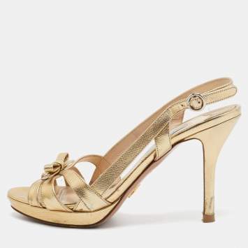 Pre Owned Prada Gold Leather Bow Strappy Slingback Sandals Size 37