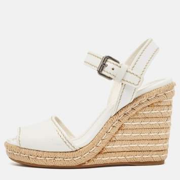 Pre Owned Prada White Leather Espadrille Platform Wedge Ankle Strap Sandals Size 39.5
