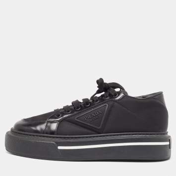 Prada Black Brushed Leather Re Nylon Lace Up Sneakers Size 40