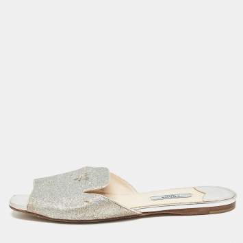 Pre Owned Prada Silver Glitter Slide Flats Size 39