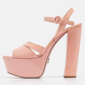 Pre Owned Prada Pink Patent Leather Platform Ankle Strap Sandals Size 39