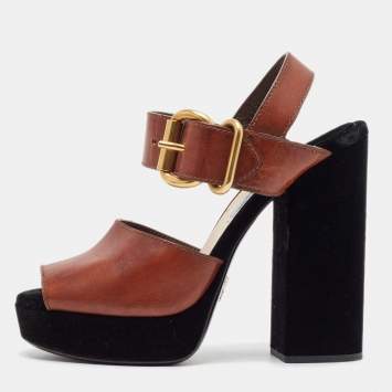 Pre Owned Prada Black/Brown Velvet and Leather Cutout Accent Platform Block Heel Ankle Strap Sandals Size 37