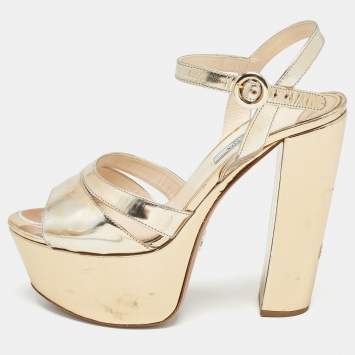 Pre Owned Prada Gold Leather Platform Ankle Strap Sandals Size 39