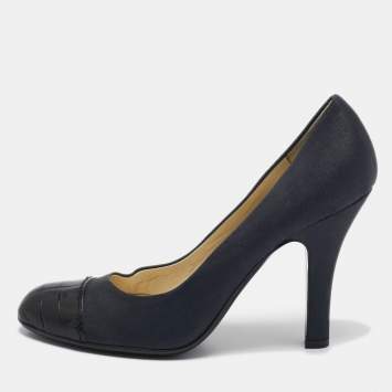 Prada Dark Grey/Black Satin and Croc Embossed Leather Cap Toe Pumps Size 37