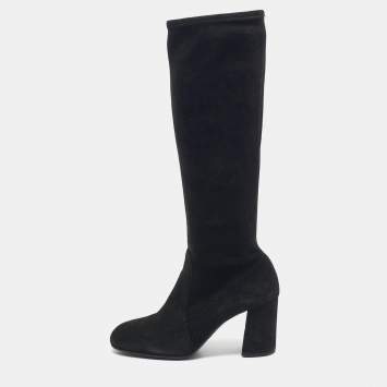 Pre Owned Prada Black Suede Knee Length Block Heel Boots Size 37.5