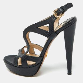 Pre Owned Prada Black Croc Embossed Leather Cross Strap Platform Sandals Size 36