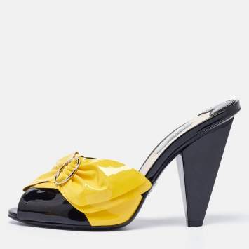 Pre Owned Prada Black/Yellow Patent Leather Bow Mules Size 40