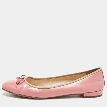 Pre Owned Prada Pink Saffiano Vernice Leather Bow Ballet Flats Size 42