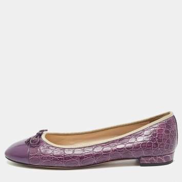 Pre Owned Prada Purple Embossed Croc and Patent Cap Toe Bow Ballet Flats Size 42