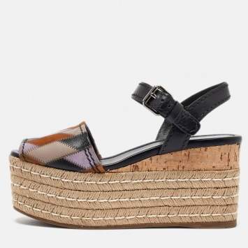 Pre Owned Prada Multicolor Leather and Suede Espadrille Platform Ankle Sandals Size 39