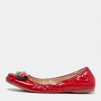 Pre Owned Prada Red Patent Leather Fringe Scrunch Ballet Flats Size 36