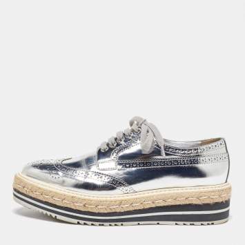 Pre Owned Prada Silver Brogue Leather Wave Wingtip Espadrille Platform Derby Sneakers Size 38