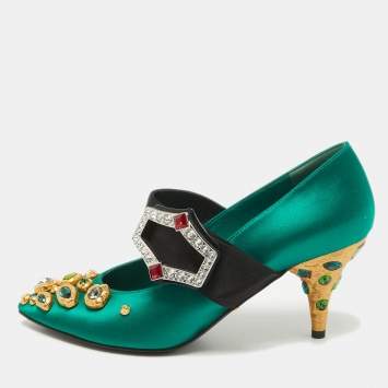 Pre Owned Prada Green Satin Crystal Embellished  Mary Jane Pumps Size 36