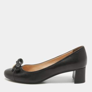 Pre Owned Prada Sports Black Leather Bow Block Heel Round Toe Pumps Size 36.5