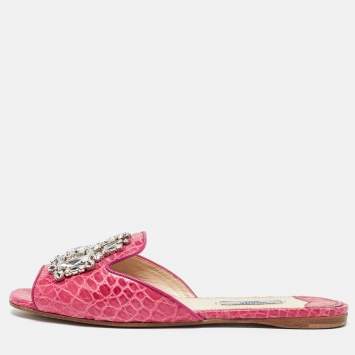 Pre Owned Prada Pink Crocodile Crystal Embellished Flat Slides Size 37.5