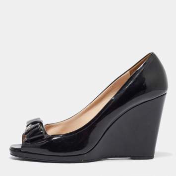 Pre Owned Prada Black Patent Leather Bow Peep Toe Wedge Pumps Size 39