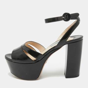 Pre Owned Prada Black Patent Leather Platform Ankle Strap Sandals Size 36.5
