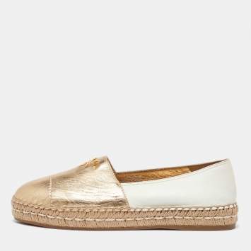 Pre Owned Prada Gold/White Leather Espadrille Flats Size 39.5