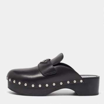 Pre Owned Prada Black Leather Studded Platform Mules Size 42