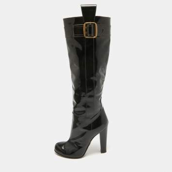 Pre Owned D&G Black Patent Leather Buckle Detail Over The Knee Length Boots Size 38.5