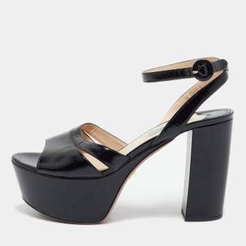 Pre Owned Prada Black Patent Leather Ankle Strap Sandals Size 39