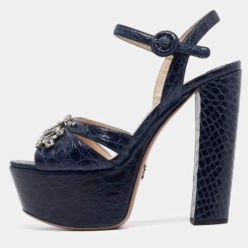 Pre Owned Prada Navy Blue Embossed Croc Crystal Embellished Platform Ankle Strap Sandals Size 39