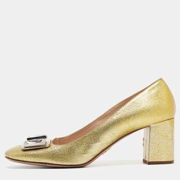 Prada Yellow Patent Leather Block Heel Pumps Size 40