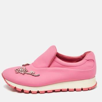 Pre Owned Prada Pink Neoprene Crystal Embellished Slip On Sneakers Size  38