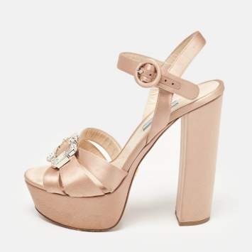 Pre Owned Prada Beige Satin Crystal Embellished Ankle Strap Platform Sandals Size 38