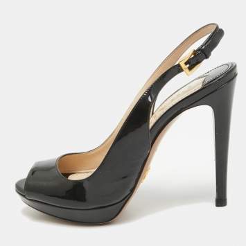 Pre Owned Prada Black Patent Leather Peep Toe Slingback Pumps Size 36.5