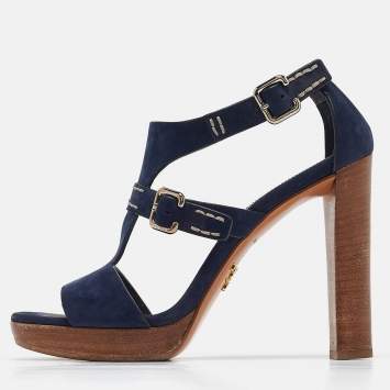 Pre Owned Prada Navy Blue Nubuck Leather Platform Sandals Size 37