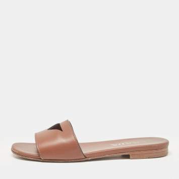 Pre Owned Prada Brown Leather Triangle Cutout Flat Slides Size 35.5