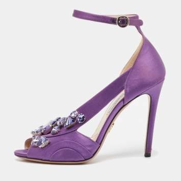 Pre Owned Prada Purple Satin Crystal Embellished Ankle Strap Sandals Size 38